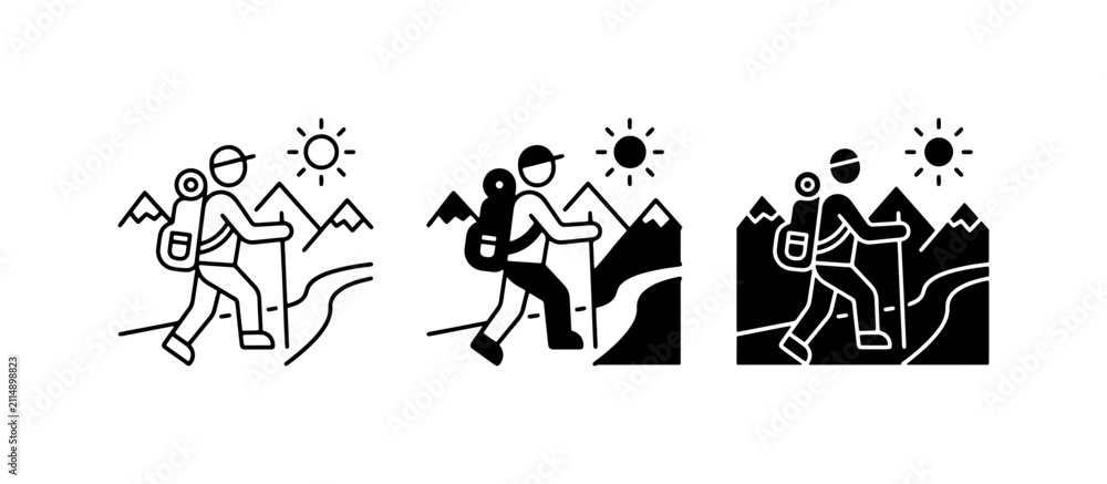 Obraz premium Hiking Icon Set, Mountain Trekking Vector Graphics, Outdoor Adventure Illustrations