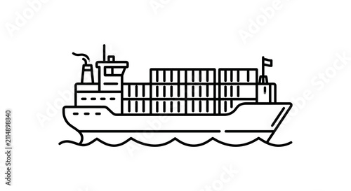 Container ship on water linear black silhouette