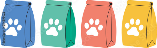 Canvastavla Colorful dog food bags vector collection featuring vibrant pet food packaging designs for dog nutrition, pet store branding, animal care products and premium pet food marketing concepts