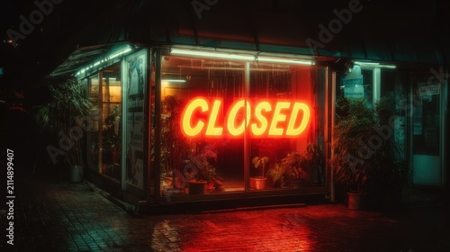 Closed Neon Sign Reflection on Wet Pavement - Dark Urban Scene Illustrating Business Closure and Loneliness