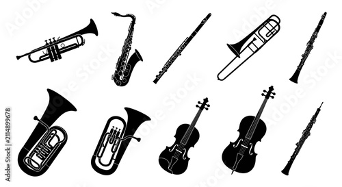 Photography Musical Instruments Collection Black Silhouette Against Light Gray Background