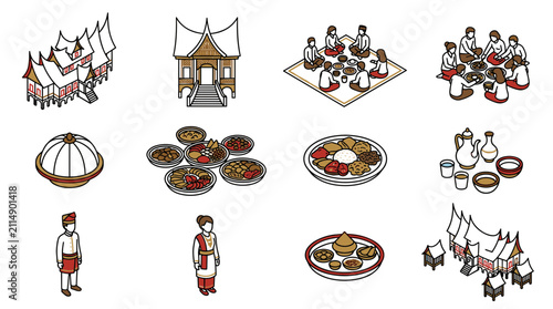 Indonesian Culture Icons: Traditional Houses, Food, People, and Gatherings