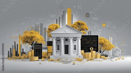 Financial Growth Concept: Classical Bank Building Emerging from Gold Coins & Data Visualization for Investment and Prosperity.