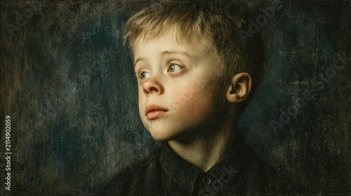 Pensive Young Boy Portrait: Thoughtful Child with Blue Eyes Gazing Upward, Classic Fine Art Photography Style
