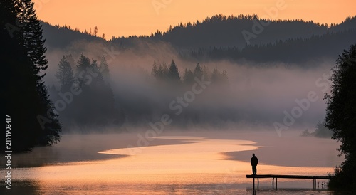 Solitary figure on dock gazes across misty lake at dawn's golden light