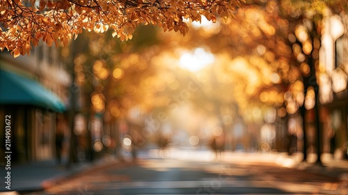 Sun-drenched autumn street lined with trees showing golden foliage and soft light