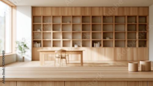 Warm, minimalist interior with a wooden desk and bookshelf