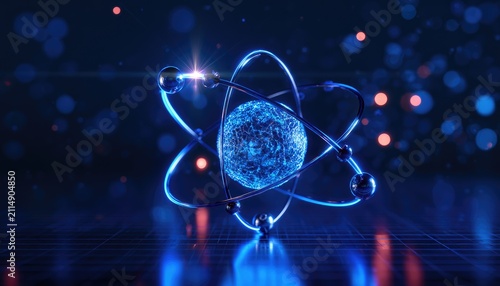 Atomic structure with orbiting electrons, glowing blue