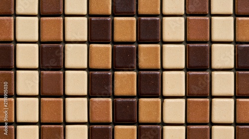 Patterned surface composed of small square tiles in varying shades of brown