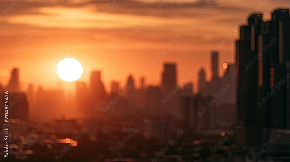 Fototapeta premium Soft focus sunrise over a distant, hazy urban skyline at dawn