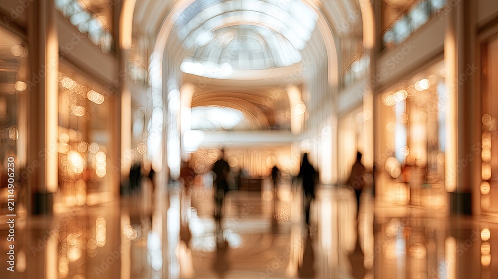 Fototapeta premium Warmly lit, wide interior hall with blurred figures walking