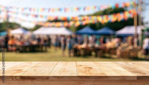 Wooden tabletop with blurred outdoor festival, colorful flags, and tents
