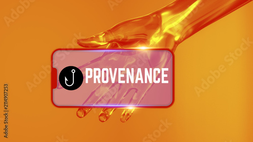 Glowing Hand Holding Smartphone Displaying Provenance Concept for AI Content and Data Tracking