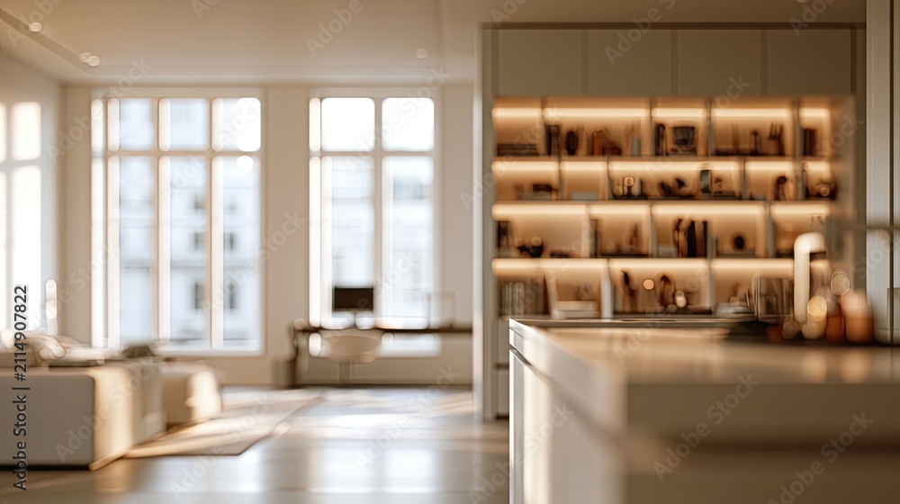 Fototapeta premium Softly lit modern living space with a large window, desk, and illuminated shelves