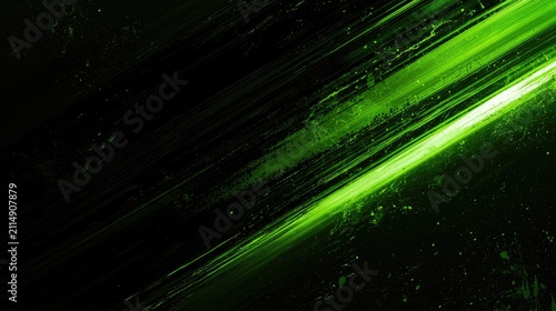 Energetic neon green streaks slash across a dark, textured background