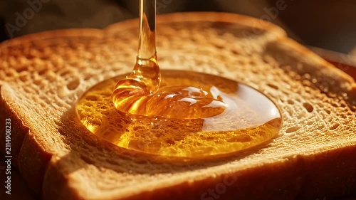 Golden honey pouring onto a slice of toasted bread for breakfast