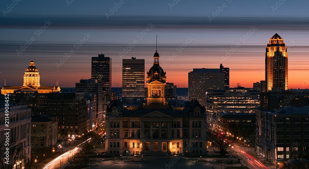 Fototapeta premium Dusk over city skyline with historic building and illuminated skyscrapers