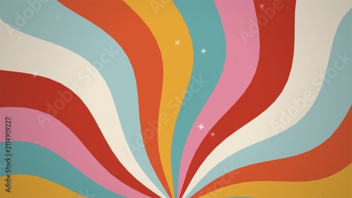 Colorful Retro Groovy Sunburst Motion Graphic Background with 70s Vintage Wavy Stripes and Twinkling Stars