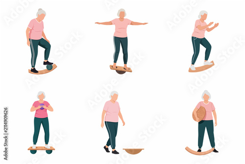 Foto Senior woman doing balance training exercises set, elderly female character using wobble board for physical therapy and fitness workout, flat vector illustration isolated on white background