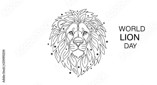 Foto World Lion Day - Stylized Lion Head with Leaves and Stars, Outline Illustration