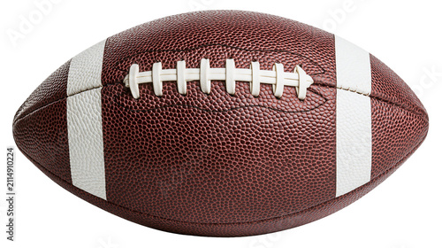 Brown textured American football with white laces and stripes, isolated on transparent background