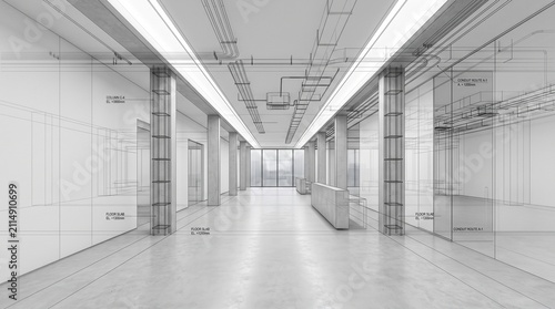 Minimalist interior with digital wireframe overlay architectural visualization