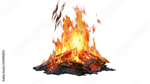 Obraz na plátně Burning logs with bright orange and yellow flames, isolated on transparent backg