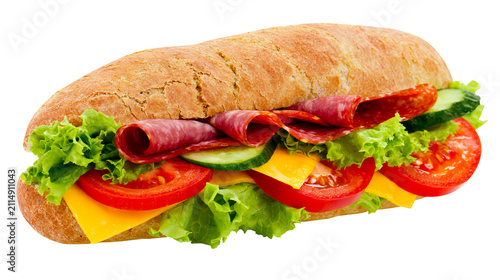 фотографія Hearty sub sandwich with salami cheese lettuce tomato and cucumber, isolated on