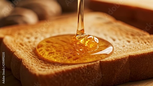Golden honey pouring onto a slice of toasted bread