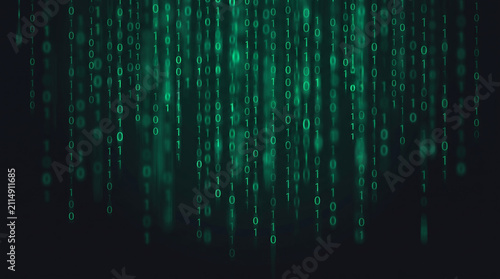 Abstract green digital binary code streaming down in a matrix style cyber background