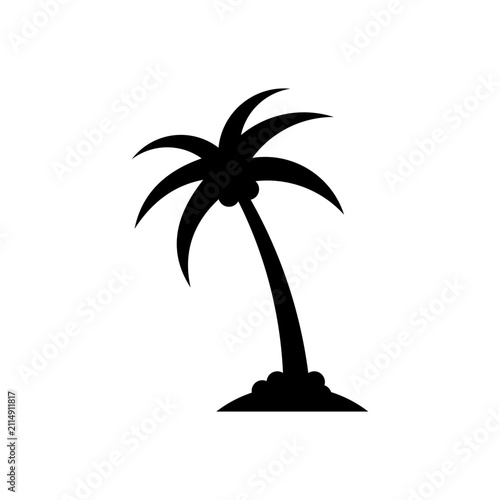 Leaning tropical palm tree silhouette vector icon isolated on white background. Designed for beach graphics, island themes, vacation branding, travel content, tropical logos, and summer illustrations.