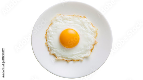 Konstfotografi Sunny side up fried egg with bright yellow yolk on a white plate, isolated on tr