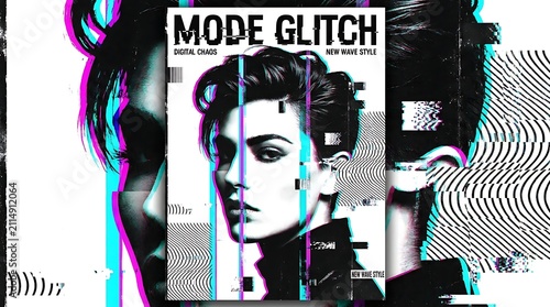 Glitch art fashion portrait of a stylish woman with short hair, digital distortion effect, modern aesthetic, high contrast black and white photography