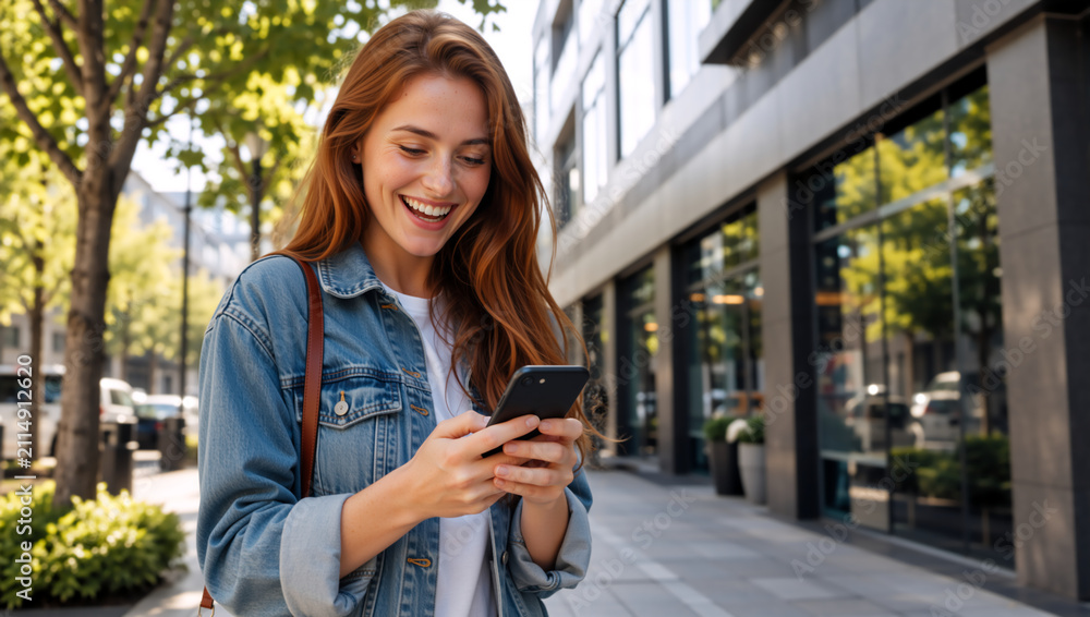 Fototapeta premium Happy young redhead woman smiling while looking at her smartphone on a city street. Cheerful female holding mobile phone outdoors. Urban lifestyle and technology concept