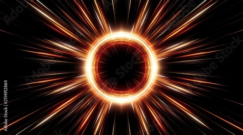 Glowing golden energy ring radiating intense light beams against deep black space background concept