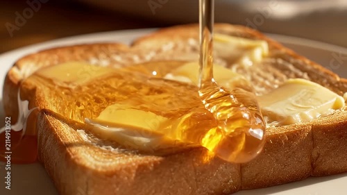 Honey pouring onto buttered toast on a white plate