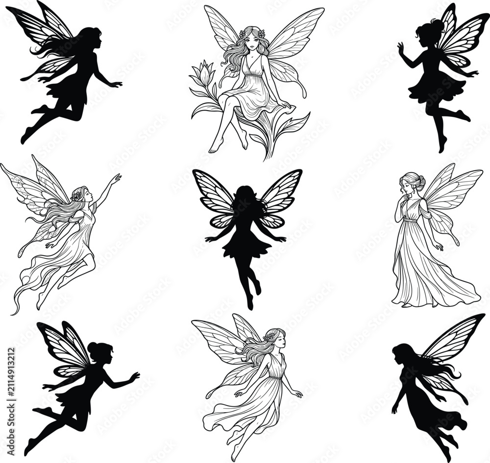 Fototapeta premium Vector illustration set of magical fairy silhouettes and detailed outline line art designsVector illustration set of magical fairy silhouettes and detailed outline line art designs