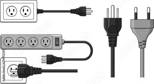 Foto Electrical power plug socket and surge protector extension cord set vector illustration isolated on white background