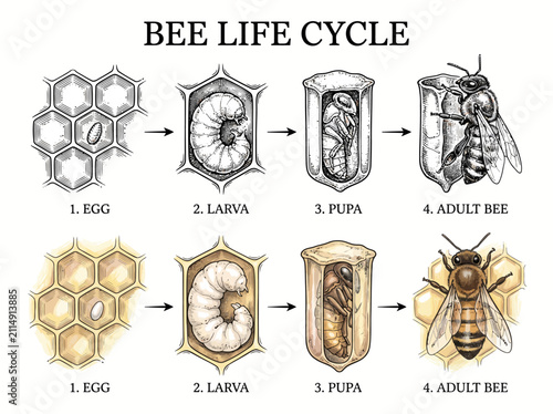 Bee Life Cycle Illustration with Vintage Engraving and Watercolor Style