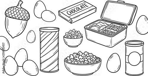 Snack food and lunchbox vector doodle set featuring eggs, chocolate bar, popcorn, acorn, and canned items in outline art style..eps