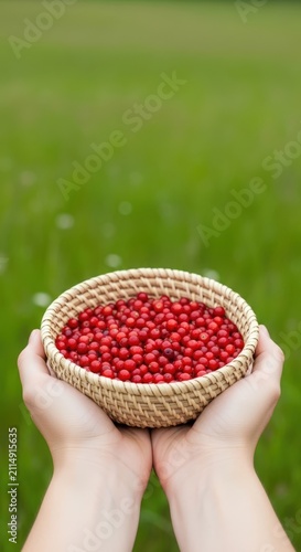 Hands holding a woven basket full of ripe red berries in a green field.
