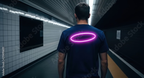 Man with glowing neon circle on back of shirt walking in subway tunnel.