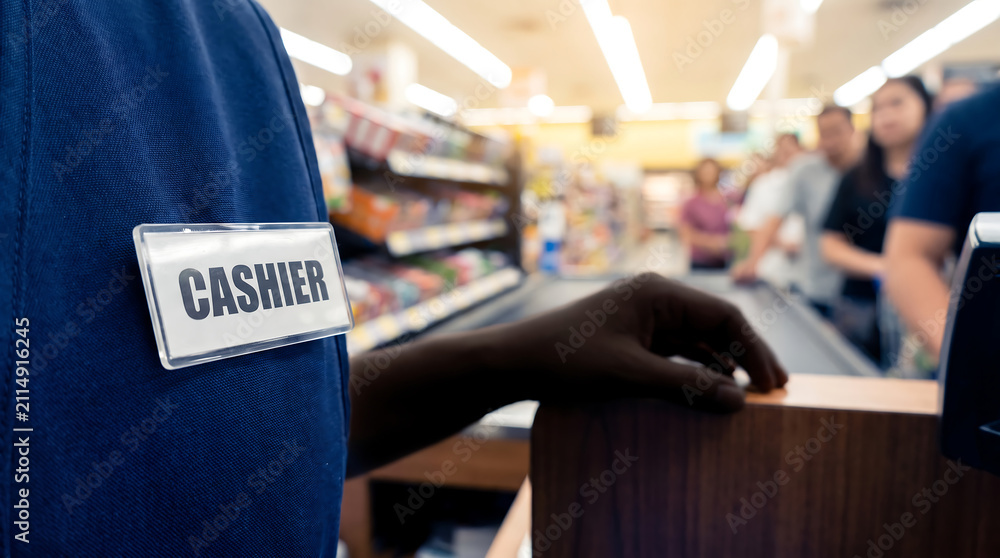 Obraz premium Professional grocery store cashier wearing a name tag at a checkout counter for retail industry articles, employment brochures, and customer service presentations.