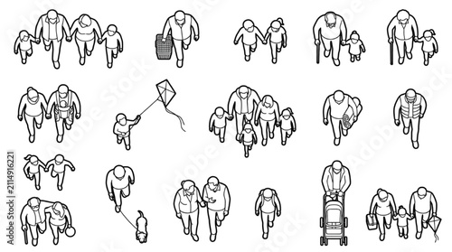 Isometric park people kite dog stroller CAD block vector layout set
