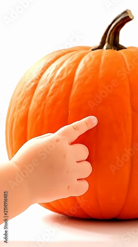 Child's hand touching a large orange pumpkin