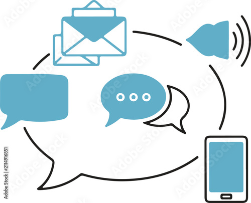 A vector illustration featuring blue communication icons including speech bubbles, envelopes, a smartphone, and a sound wave.