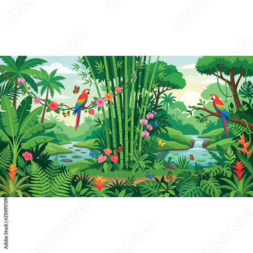 Colorful parrots perch on branches amidst lush bamboo jungle foliage with butterflies and a flowing stream