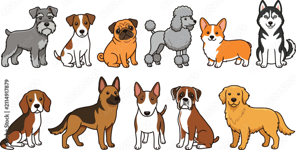 Obraz premium Various Purebred Cute Dogs Vector Character Set Isolated Flat Clipart Design Elements For Pet Grooming Service
