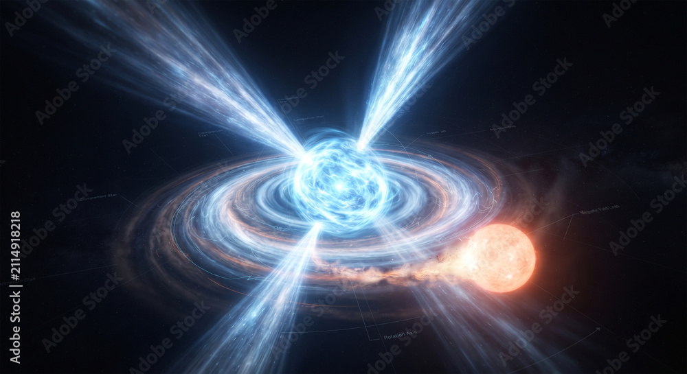 Fototapeta premium A dramatic scientific visualization of a rapidly spinning neutron star (pulsar) emitting powerful, glowing jets of high-energy radiation from its magnetic poles into the surrounding space. 