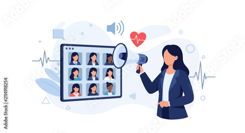 Woman with Megaphone Announces Online Meeting with Diverse Participants and Health Icon